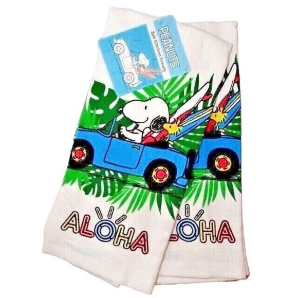 Peanuts Aloha Snoopy Woodstock 2 Kitchen Towels Blue Car Surfboards Tropical - Picture 1 of 3